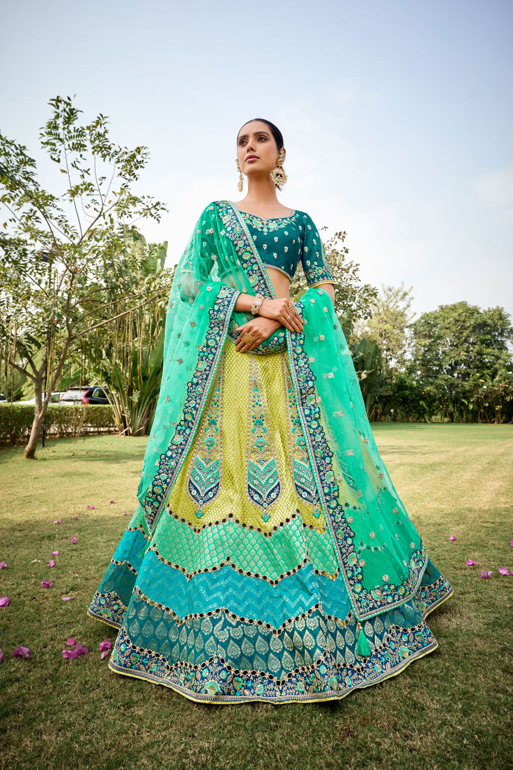 Beautiful Traditional Designer Elegant Lemon Firozi Pista Embroidery Work Cut Work Silk Lehenga - 6810