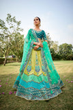 Beautiful Traditional Designer Elegant Lemon Firozi Pista Embroidery Work Cut Work Silk Lehenga - 6810