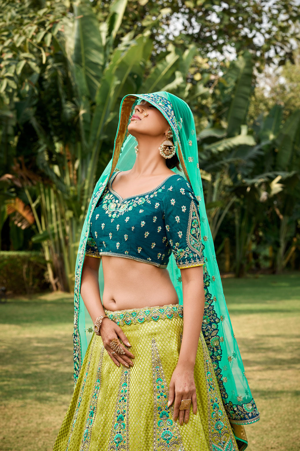 Beautiful Traditional Designer Elegant Lemon Firozi Pista Embroidery Work Cut Work Silk Lehenga - 6810