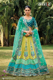 Beautiful Traditional Designer Elegant Lemon Firozi Pista Embroidery Work Cut Work Silk Lehenga - 6810
