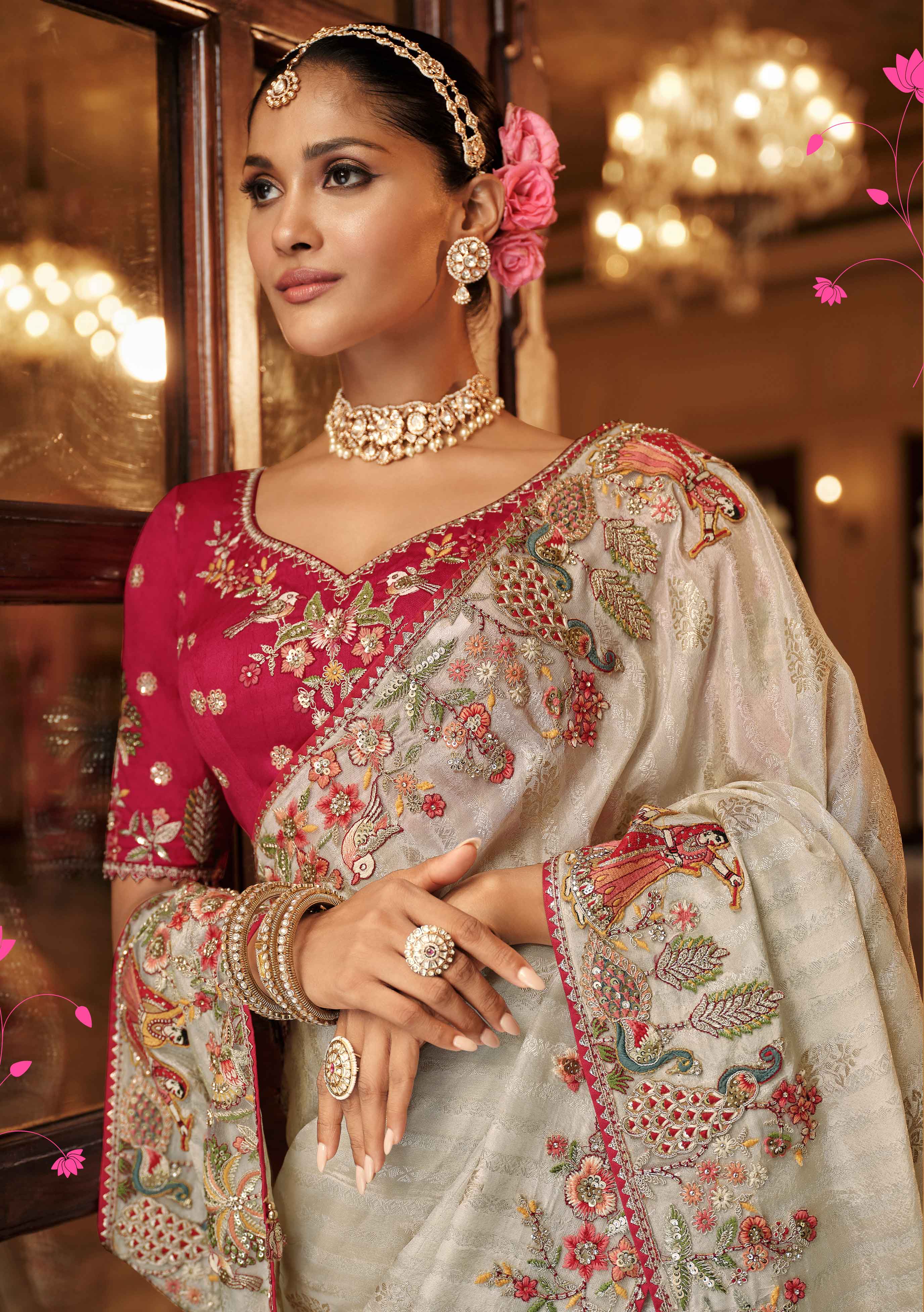 Cream Tissue Traditional Saree with Maroon Silk Blouse & Embroidery Work - 7806