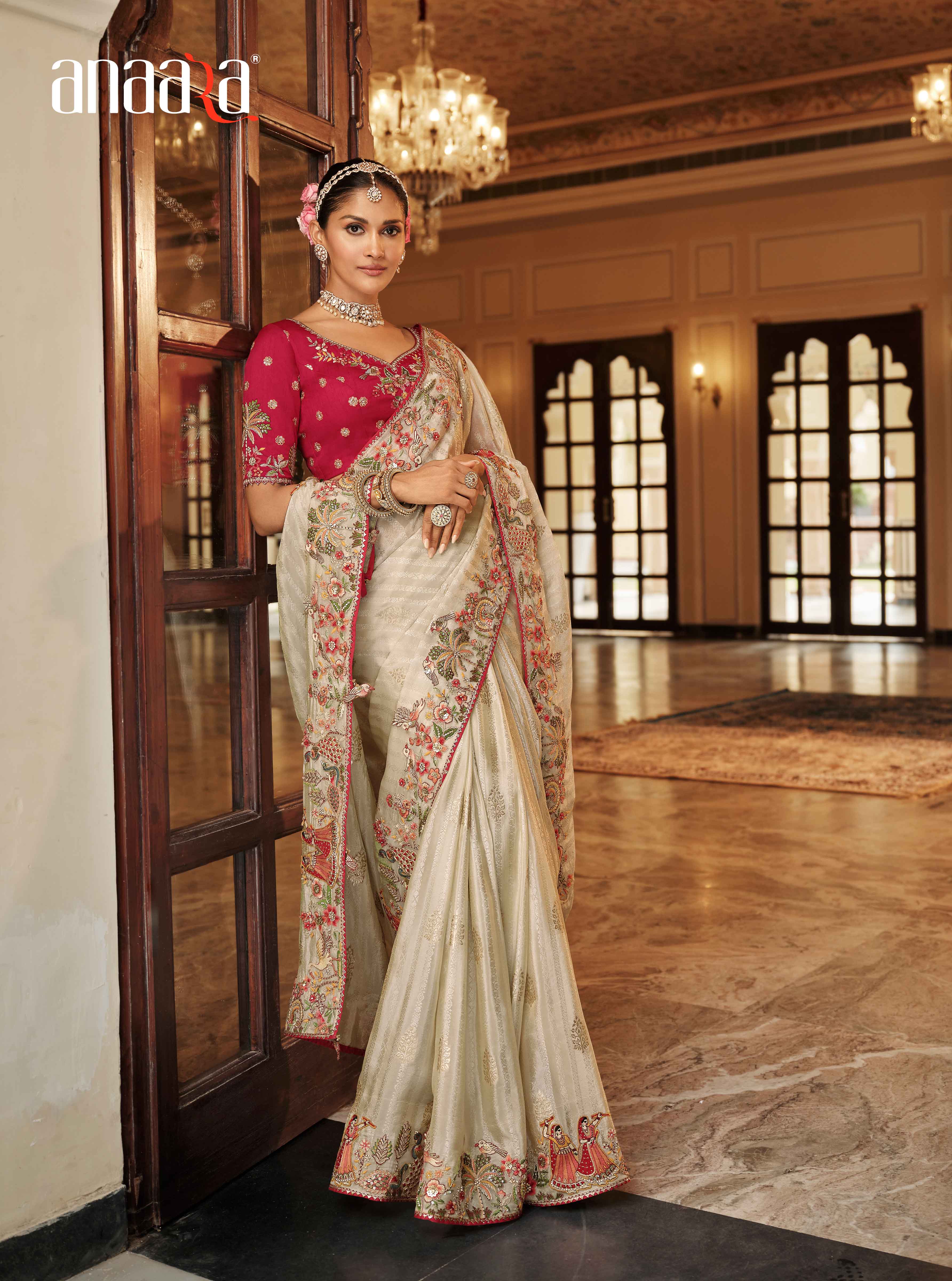 Cream Tissue Traditional Saree with Maroon Silk Blouse & Embroidery Work - 7806
