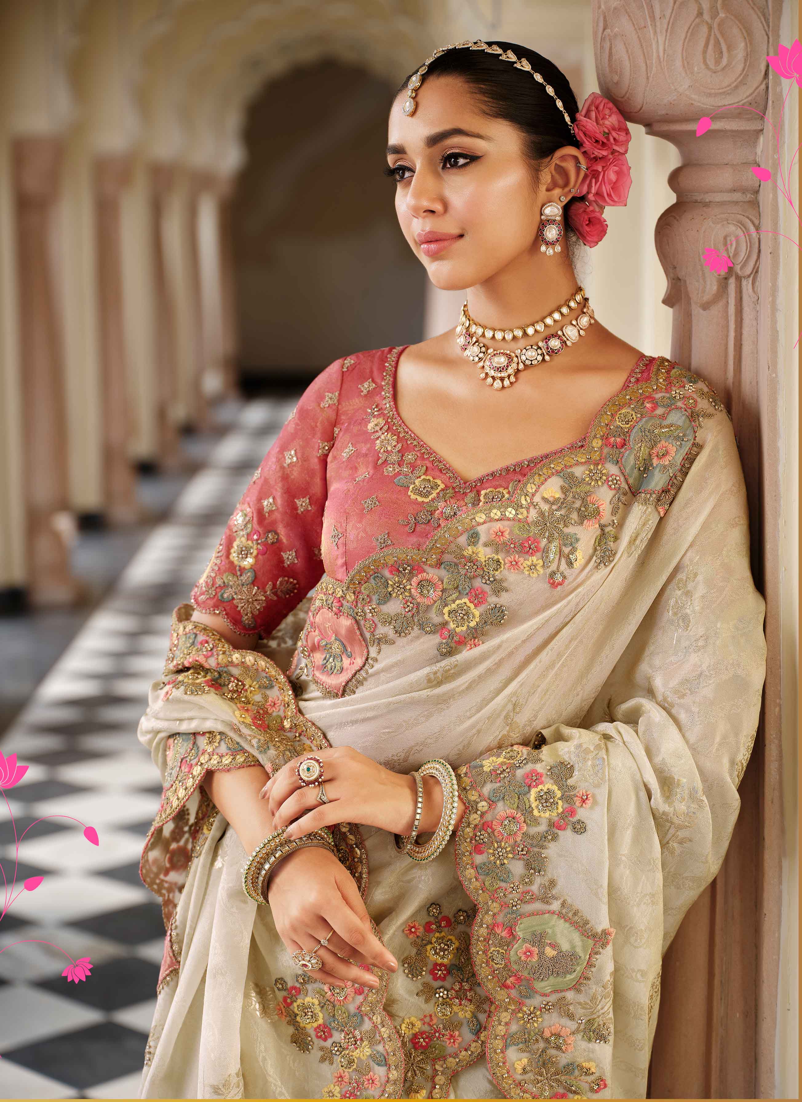 Cream Tissue Traditional Saree with Silk Blouse & Embroidery Work - 7809