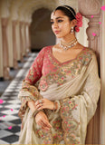 Cream Tissue Traditional Saree with Silk Blouse & Embroidery Work - 7809