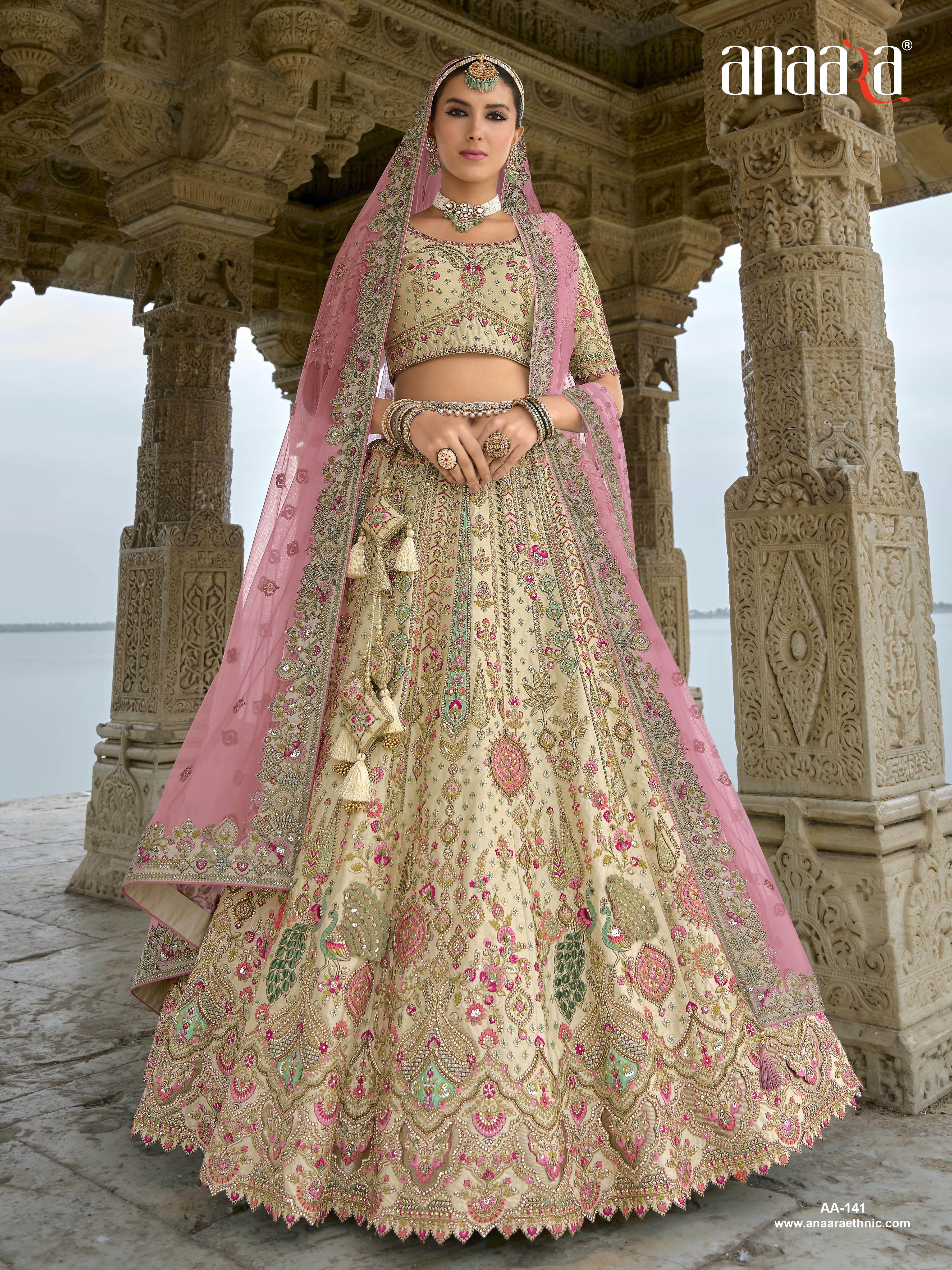 Off-White Cream Raw Silk Bridal Wedding Lehenga Set with Heavy Net Dupatta - AA141