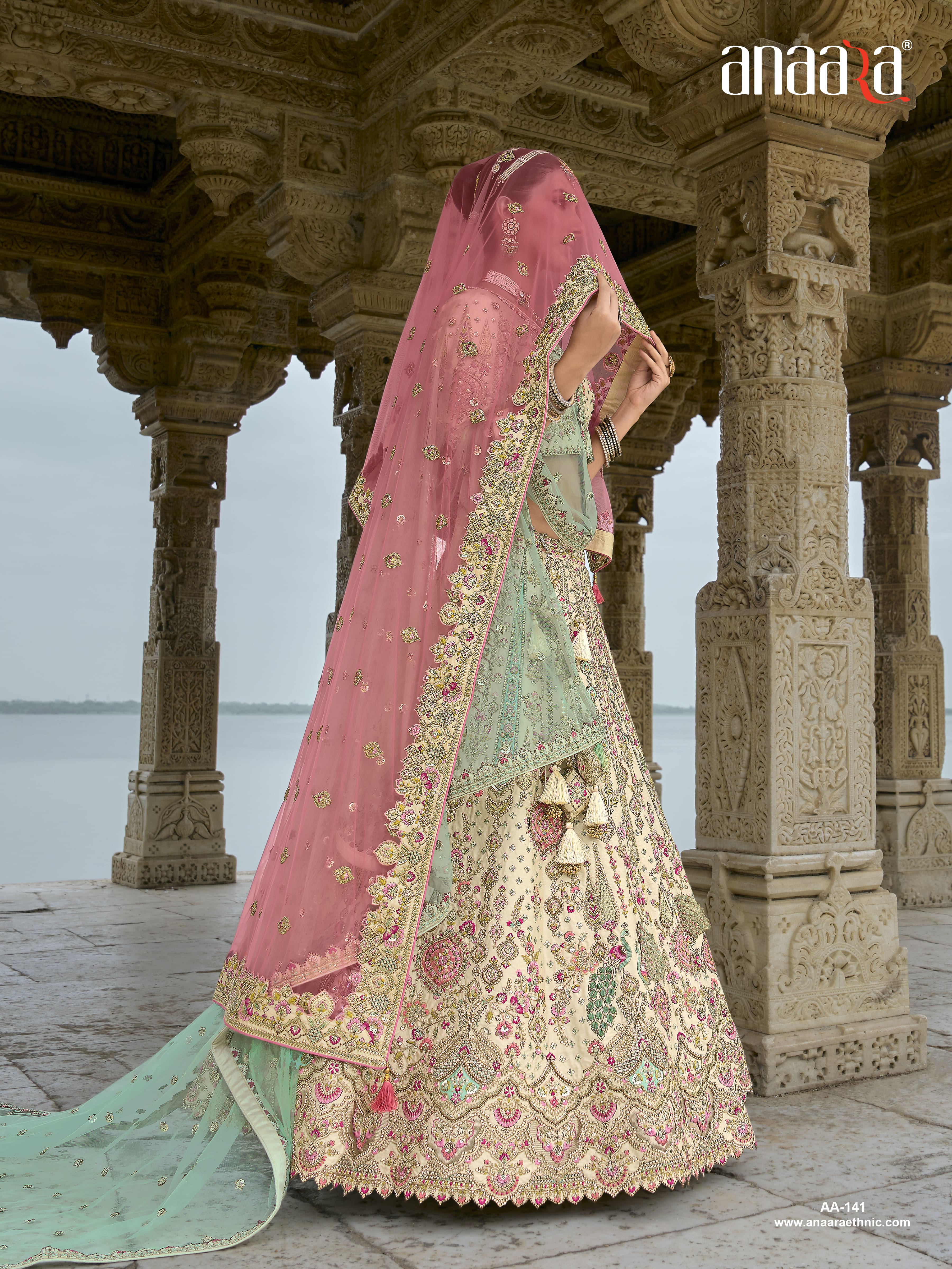 Off-White Cream Raw Silk Bridal Wedding Lehenga Set with Heavy Net Dupatta - AA141