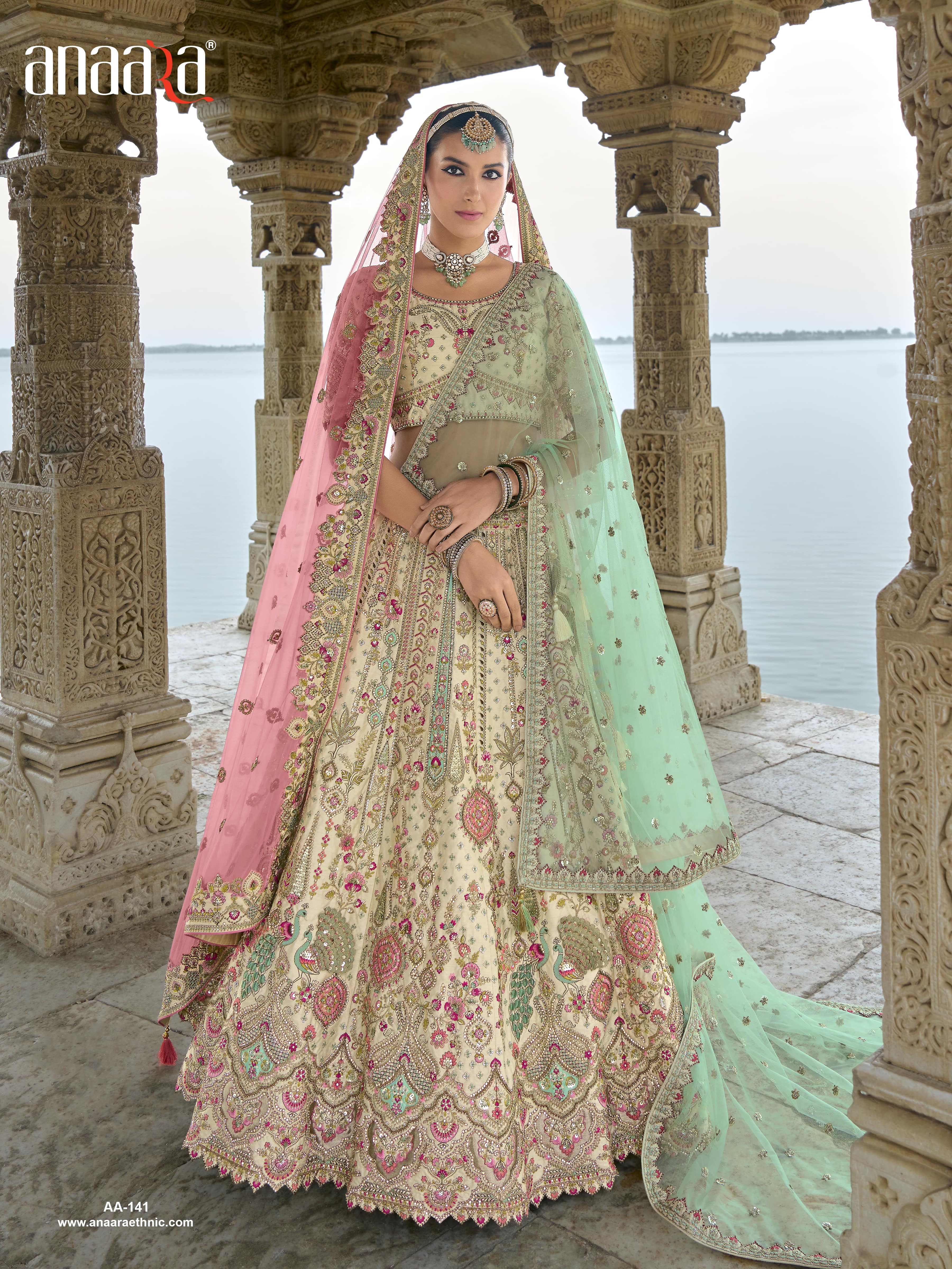 Off-White Cream Raw Silk Bridal Wedding Lehenga Set with Heavy Net Dupatta - AA141