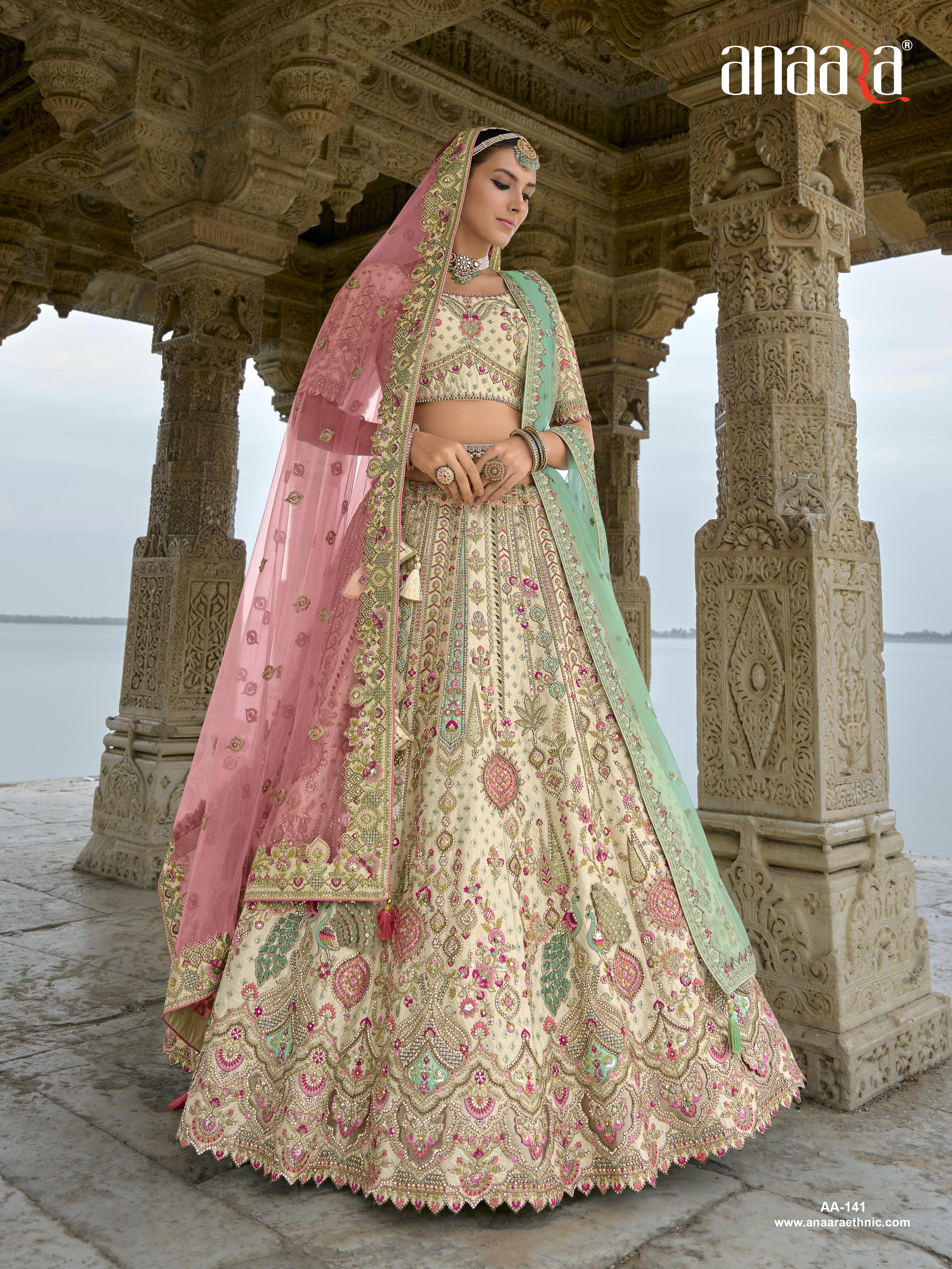 Off-White Cream Raw Silk Bridal Wedding Lehenga Set with Heavy Net Dupatta - AA141