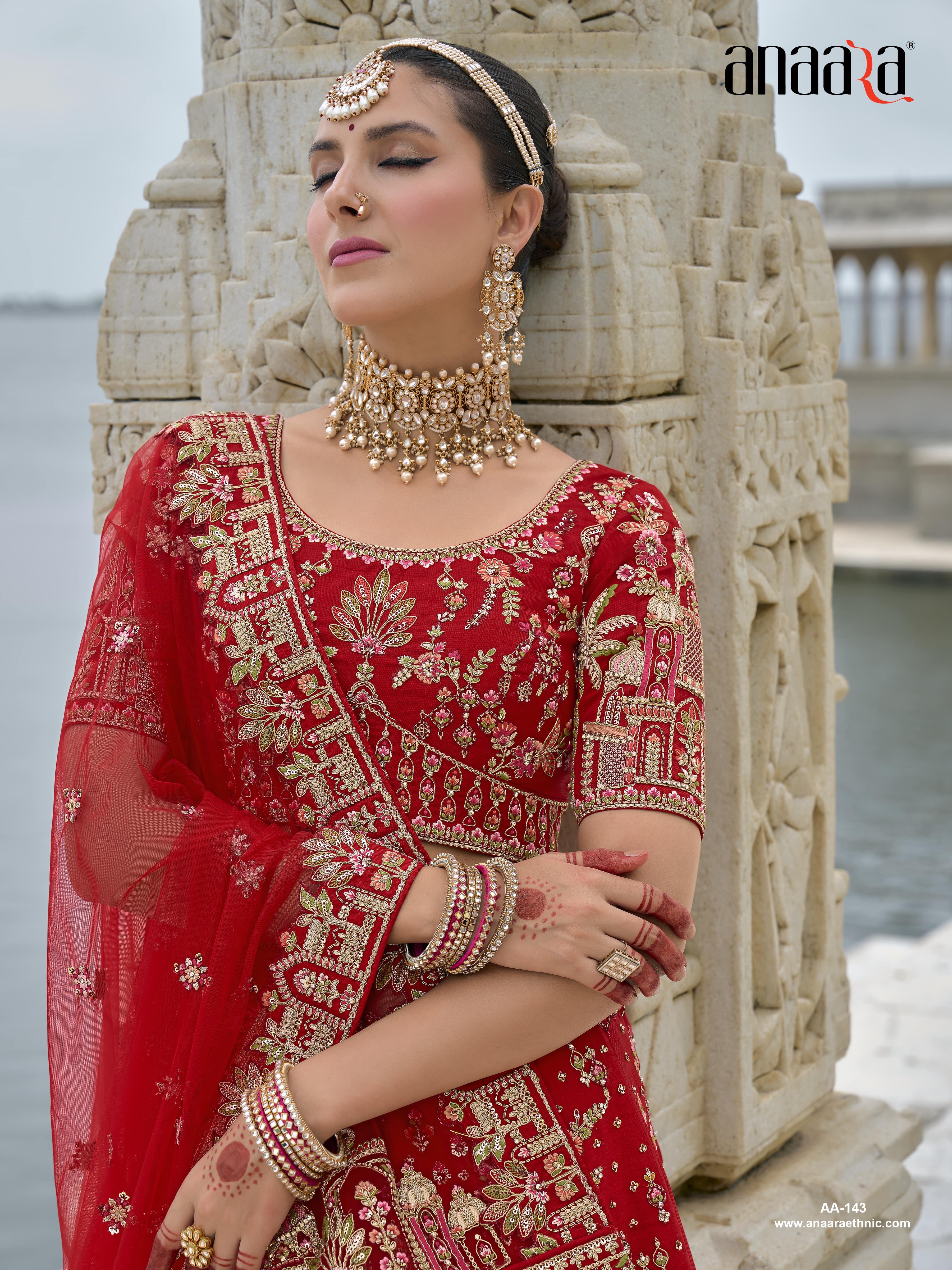 Red Raw Silk Bridal Wedding Lehenga Set with Heavy Net Dupatta - AA143