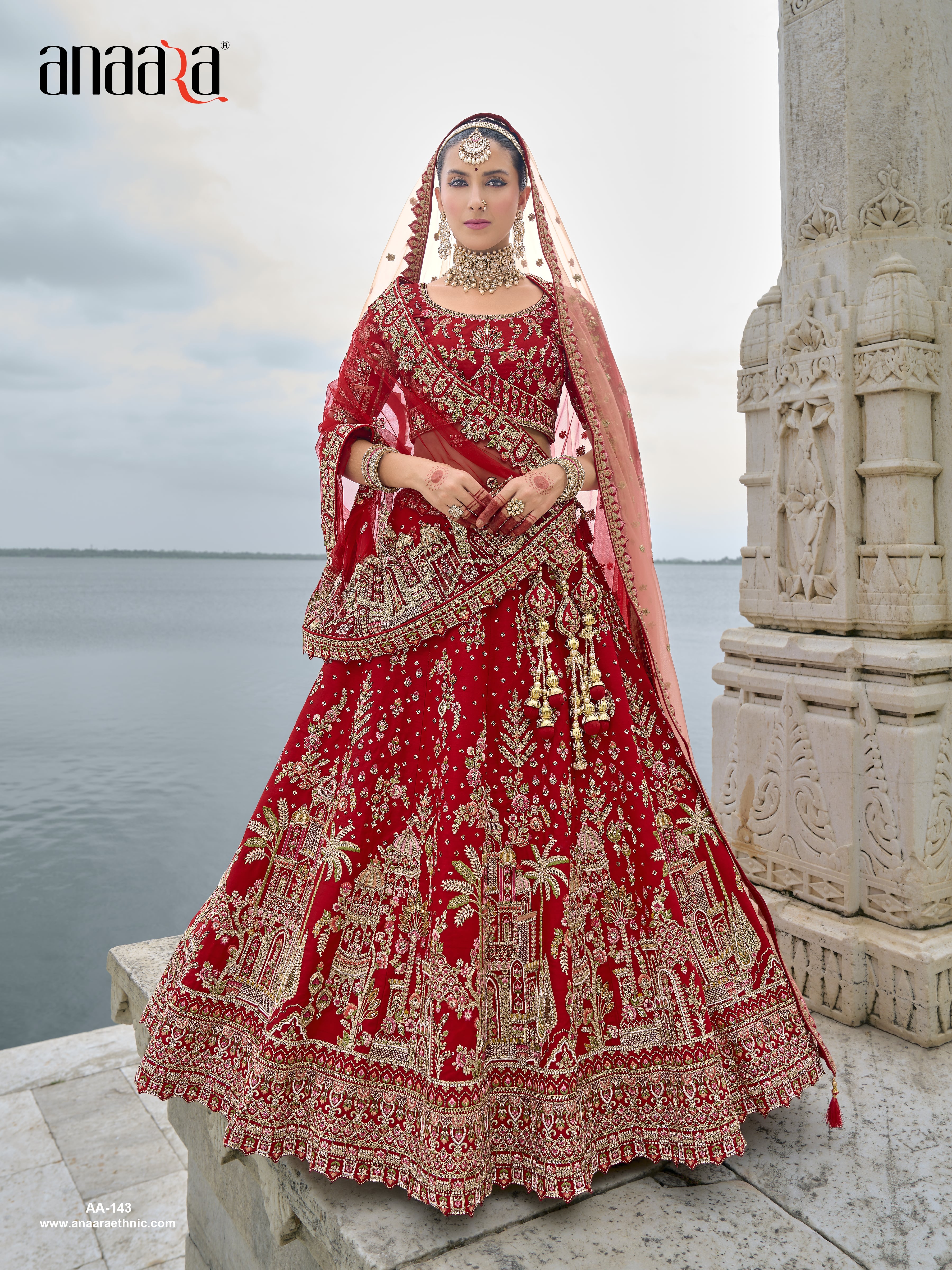 Red Raw Silk Bridal Wedding Lehenga Set with Heavy Net Dupatta - AA143