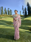 Baby Pink Gadwal Viscose Embroidered C-Pallu Saree with Aquamarine Green Silk Blouse - 6404
