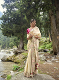 Cream Satin Organza C-Pallu Embroidered Saree with Gajri Silk Blouse With Handwork - 6406