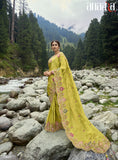 Lemon Self Gadwal Viscose C-Pallu Embroidered Saree with Mehndi Silk Blouse - 6407