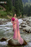 4D Pink Pure Organza Embroidery Handwork, C-Pallu Saree with Pink Rani Silk Blouse - 6410