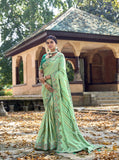 Pista Gadwal Silk Saree with Rama Silk Blouse and Exquisite Handwork - 6210