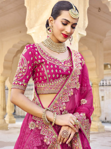 The Pink Elegance Heavy Bridal Silk Lehenga with Artistic Khatli Work - Buy main image 0