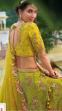 Lime Yellow and Green Beautiful Traditional Designer Elegant Embroidery Work Cut Work Silk Lehenga - 7103