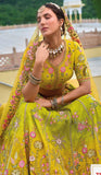 Lime Yellow and Green Beautiful Traditional Designer Elegant Embroidery Work Cut Work Silk Lehenga - 7103