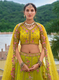 Lime Yellow and Green Beautiful Traditional Designer Elegant Embroidery Work Cut Work Silk Lehenga - 7103