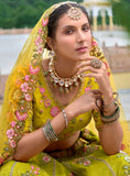 Lime Yellow and Green Beautiful Traditional Designer Elegant Embroidery Work Cut Work Silk Lehenga - 7103
