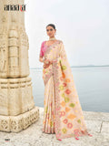 Off-White Gadwal Silk Saree with Magenta Silk Blouse and Exquisite Handwork, Embroidery - 7007
