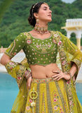Mehndi Green  Beautiful Traditional Designer Elegant Embroidery Work Cut Work Silk Lehenga - 7105