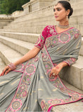 Gray Gadwal Silk Saree with Magenta Silk Blouse and Exquisite Handwork, Embroidery - 7005