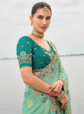 Sea Green Gadwal Silk Saree with Magenta Silk Blouse and Exquisite Handwork, Embroidery - 7008