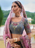 Purple And Grey Beautiful Traditional Designer Elegant Embroidery Work Cut Work Silk Lehenga - 7102