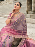 Pink Gray Shaded Gadwal Silk Saree with Magenta Silk Blouse and Exquisite Handwork, Embroidery - 7011