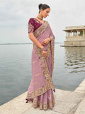 Lavender Shaded Gadwal Silk Saree with Magenta Silk Blouse and Exquisite Handwork, Embroidery - 7004