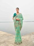 Sea Green Gadwal Silk Saree with Magenta Silk Blouse and Exquisite Handwork, Embroidery - 7008