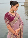 Lavender Shaded Gadwal Silk Saree with Magenta Silk Blouse and Exquisite Handwork, Embroidery - 7004