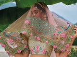 Green Pink Off-White Shaded Beautiful Traditional Designer Elegant Embroidery Work Cut Work Silk Lehenga - 7112