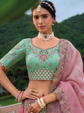 Sea Green and Pink Beautiful Traditional Designer Elegant Embroidery Work Cut Work Silk Lehenga - 7101