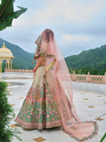 Green Pink Off-White Shaded Beautiful Traditional Designer Elegant Embroidery Work Cut Work Silk Lehenga - 7112