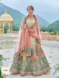 Green Pink Off-White Shaded Beautiful Traditional Designer Elegant Embroidery Work Cut Work Silk Lehenga - 7112