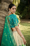 Beautiful Traditional Designer Elegant Off White Rama Pista Embroidery Work Cut Work Orgenza Silk Lehenga - 6806