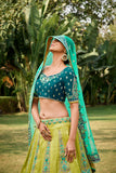 Beautiful Traditional Designer Elegant Lemon Firozi Pista Embroidery Work Cut Work Silk Lehenga - 6810