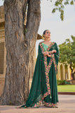 Dark Green Organza Embroidery Handwork, C-Pallu Saree with Cyan Silk Blouse - 6901