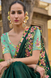 Dark Green Organza Embroidery Handwork, C-Pallu Saree with Cyan Silk Blouse - 6901
