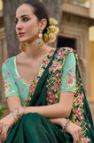 Dark Green Organza Embroidery Handwork, C-Pallu Saree with Cyan Silk Blouse - 6901