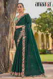 Dark Green Organza Embroidery Handwork, C-Pallu Saree with Cyan Silk Blouse - 6901