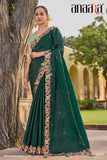 Dark Green Organza Embroidery Handwork, C-Pallu Saree with Cyan Silk Blouse - 6901