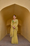 Yellow Pure Organza Embroidery Handwork, C-Pallu Saree with Green Silk Blouse - 6904