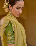 Yellow Pure Organza Embroidery Handwork, C-Pallu Saree with Green Silk Blouse - 6904