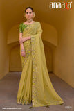 Yellow Pure Organza Embroidery Handwork, C-Pallu Saree with Green Silk Blouse - 6904