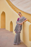 Grey Pure Organza Embroidery Handwork, C-Pallu Saree with Pink Silk Blouse - 6905