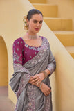 Grey Pure Organza Embroidery Handwork, C-Pallu Saree with Pink Silk Blouse - 6905