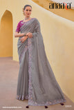 Grey Pure Organza Embroidery Handwork, C-Pallu Saree with Pink Silk Blouse - 6905